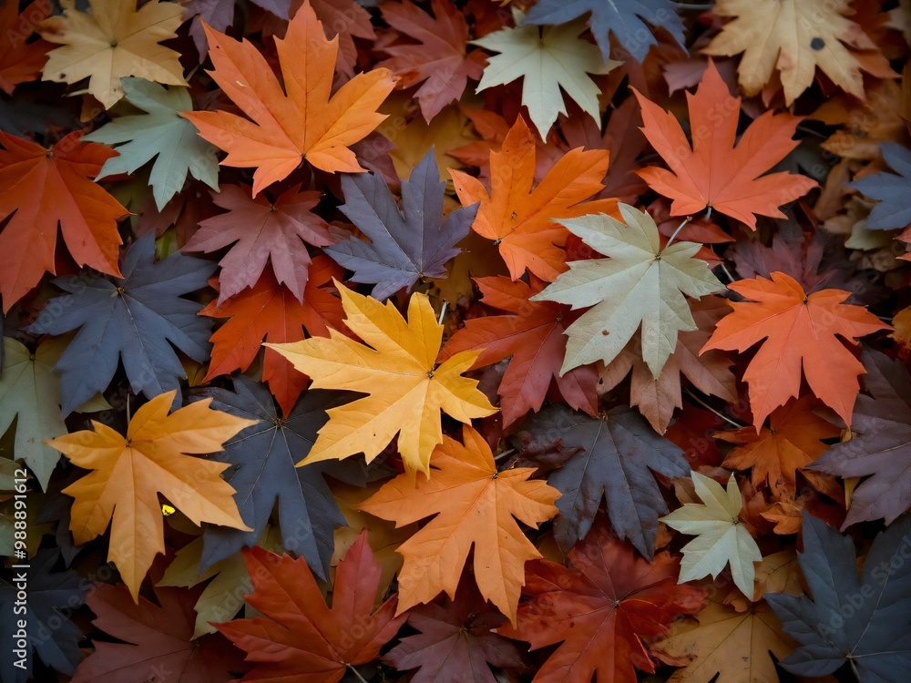カエデ・紅葉した赤・緑・紫・オレンジの葉がボードの上に散らばって敷き詰められている Maple leaves in red, green, purple, and orange autumn colors are scattered and spread across the board カエデ・紅葉した赤・緑・紫・オレンジの葉がボードの上に散らばって敷き詰められている Maple leaves in red, green, purple, and orange autumn colors are scattered and spread across the board