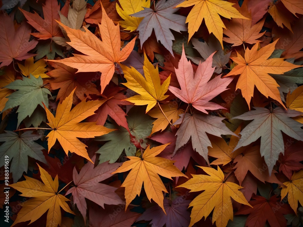 カエデ・紅葉した赤・緑・紫・オレンジの葉がボードの上に散らばって敷き詰められている Maple leaves in red, green, purple, and orange autumn colors are scattered and spread across the board カエデ・紅葉した赤・緑・紫・オレンジの葉がボードの上に散らばって敷き詰められている Maple leaves in red, green, purple, and orange autumn colors are scattered and spread across the board