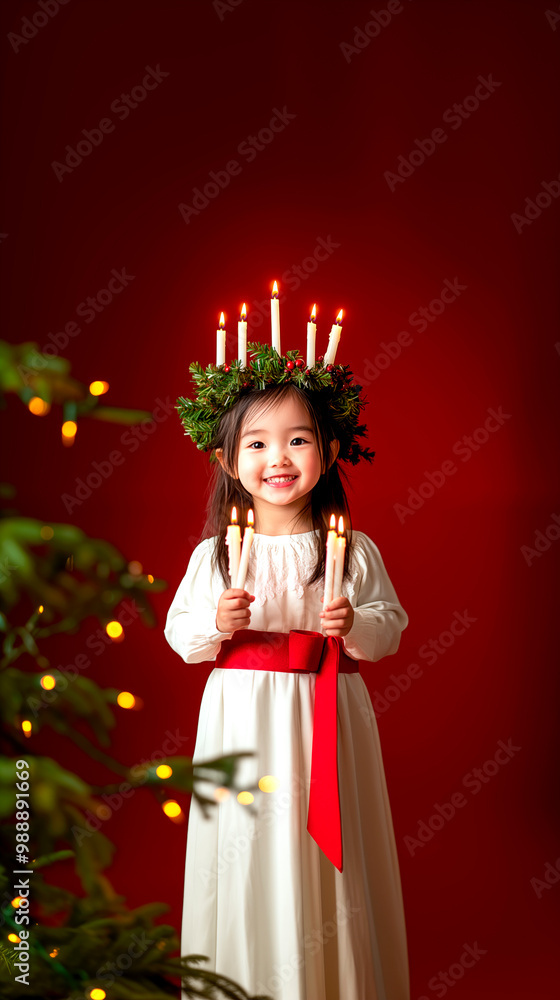 A little asian girl dressed as Saint Lucia, with a green wreath on her head, in a white dress with a red belt and holding candles in her hands. Red Christmas background. Hyper-realistic photo, high qu A little asian girl dressed as Saint Lucia, with a green wreath on her head, in a white dress with a red belt and holding candles in her hands. Red Christmas background. Hyper-realistic photo, high qu