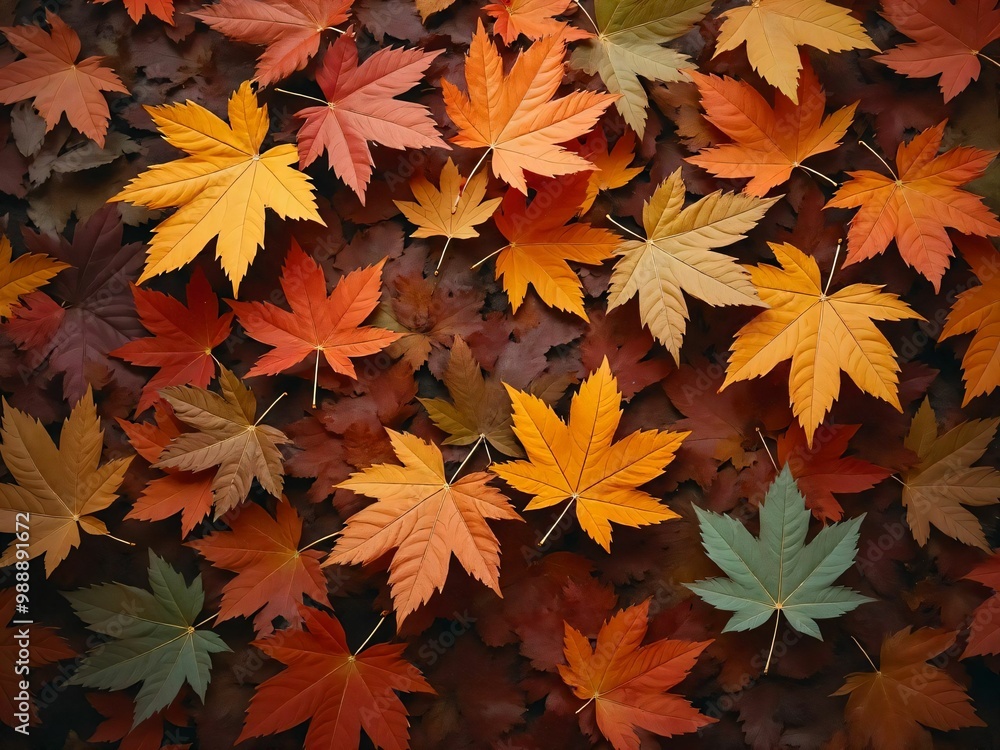 カエデ・紅葉した赤・緑・紫・オレンジの葉がボードの上に散らばって敷き詰められている Maple leaves in red, green, purple, and orange autumn colors are scattered and spread across the board カエデ・紅葉した赤・緑・紫・オレンジの葉がボードの上に散らばって敷き詰められている Maple leaves in red, green, purple, and orange autumn colors are scattered and spread across the board