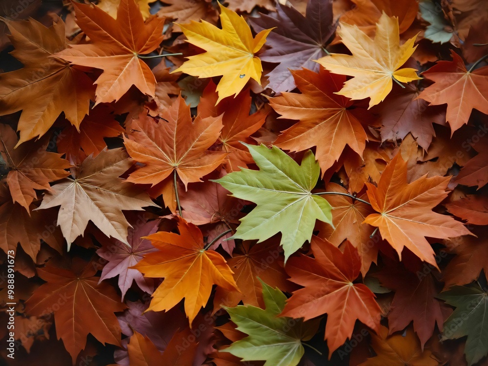 カエデ・紅葉した赤・緑・紫・オレンジの葉がボードの上に散らばって敷き詰められている Maple leaves in red, green, purple, and orange autumn colors are scattered and spread across the board カエデ・紅葉した赤・緑・紫・オレンジの葉がボードの上に散らばって敷き詰められている Maple leaves in red, green, purple, and orange autumn colors are scattered and spread across the board