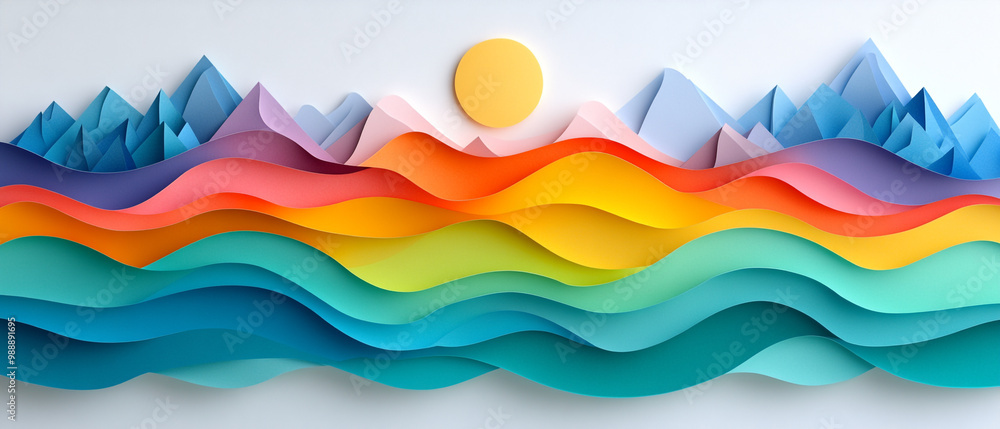 A vibrant paper art landscape featuring colorful waves and mountains under a bright sun, perfect for creative projects. A vibrant paper art landscape featuring colorful waves and mountains under a bright sun, perfect for creative projects.