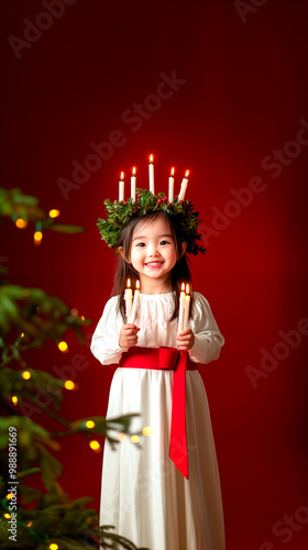 A little asian girl dressed as Saint Lucia, with a green wreath on her head, in a white dress with a red belt and holding candles in her hands. Red Christmas background. Hyper-realistic photo, high qu