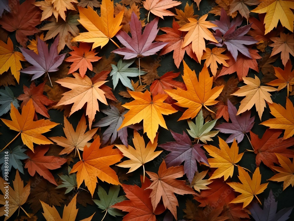 カエデ・紅葉した赤・緑・紫・オレンジの葉がボードの上に散らばって敷き詰められている Maple leaves in red, green, purple, and orange autumn colors are scattered and spread across the board カエデ・紅葉した赤・緑・紫・オレンジの葉がボードの上に散らばって敷き詰められている Maple leaves in red, green, purple, and orange autumn colors are scattered and spread across the board