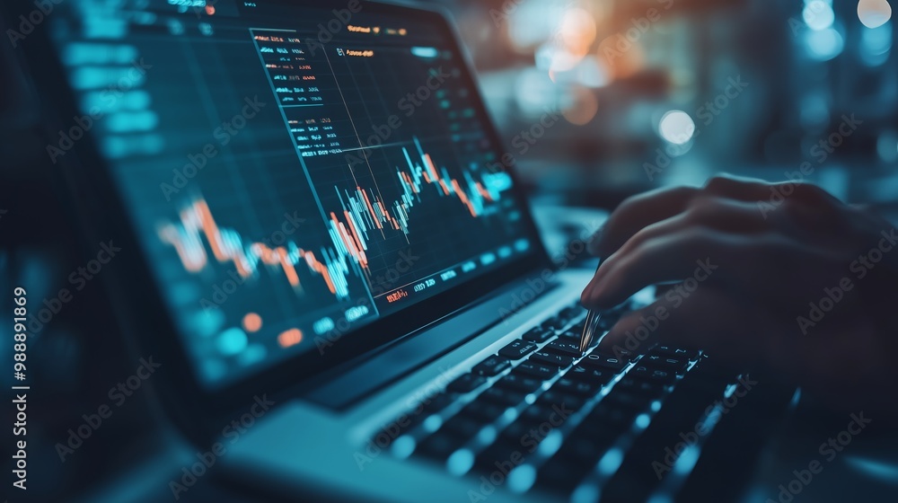 A person analyzes stock market data on a laptop during evening hours in a modern workspace A person analyzes stock market data on a laptop during evening hours in a modern workspace