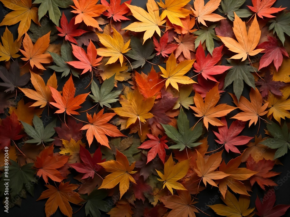 カエデ・紅葉した赤・緑・紫・オレンジの葉がボードの上に散らばって敷き詰められている Maple leaves in red, green, purple, and orange autumn colors are scattered and spread across the board カエデ・紅葉した赤・緑・紫・オレンジの葉がボードの上に散らばって敷き詰められている Maple leaves in red, green, purple, and orange autumn colors are scattered and spread across the board