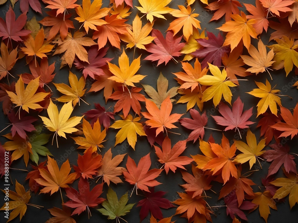 カエデ・紅葉した赤・緑・紫・オレンジの葉がボードの上に散らばって敷き詰められている Maple leaves in red, green, purple, and orange autumn colors are scattered and spread across the board カエデ・紅葉した赤・緑・紫・オレンジの葉がボードの上に散らばって敷き詰められている Maple leaves in red, green, purple, and orange autumn colors are scattered and spread across the board