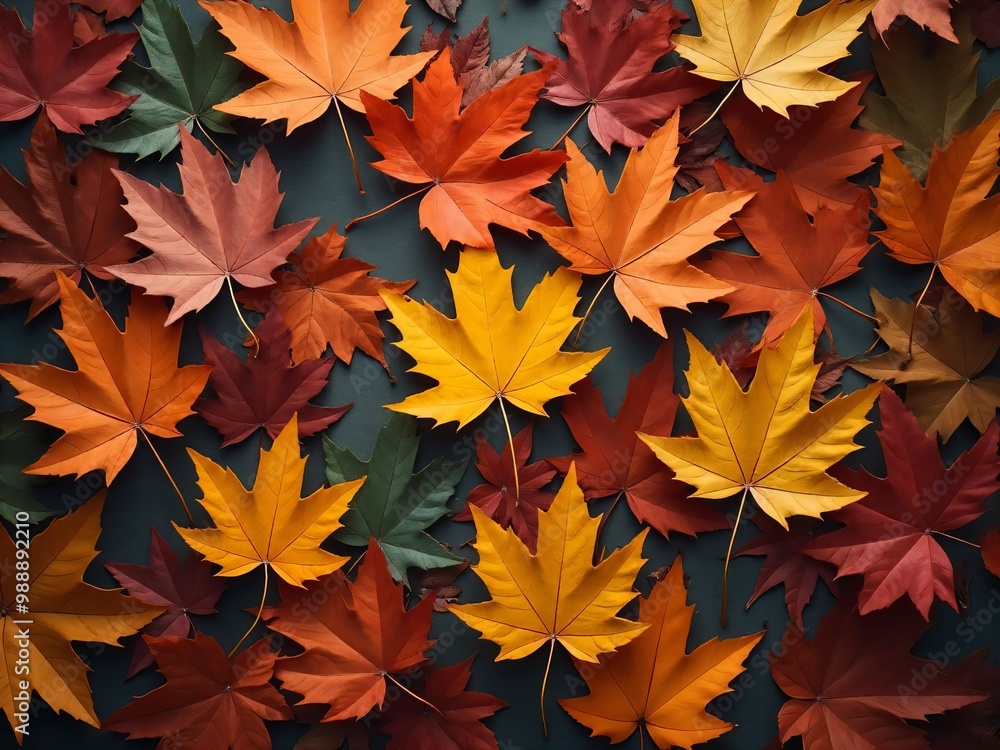 カエデ・紅葉した赤・緑・紫・オレンジの葉がボードの上に散らばって敷き詰められている Maple leaves in red, green, purple, and orange autumn colors are scattered and spread across the board カエデ・紅葉した赤・緑・紫・オレンジの葉がボードの上に散らばって敷き詰められている Maple leaves in red, green, purple, and orange autumn colors are scattered and spread across the board