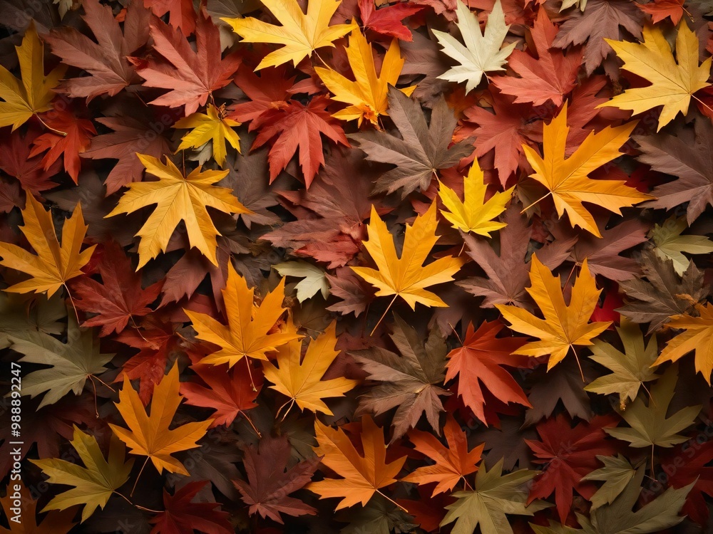 カエデ・紅葉した赤・緑・紫・オレンジの葉がボードの上に散らばって敷き詰められている Maple leaves in red, green, purple, and orange autumn colors are scattered and spread across the board カエデ・紅葉した赤・緑・紫・オレンジの葉がボードの上に散らばって敷き詰められている Maple leaves in red, green, purple, and orange autumn colors are scattered and spread across the board
