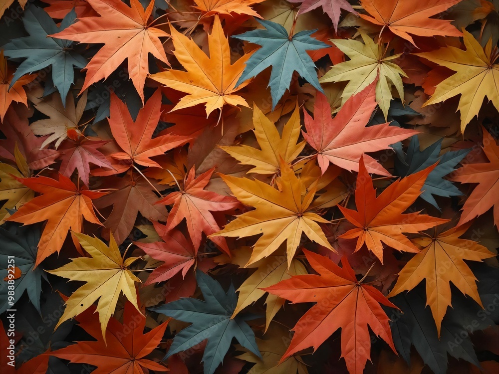 カエデ・紅葉した赤・緑・紫・オレンジの葉がボードの上に散らばって敷き詰められている Maple leaves in red, green, purple, and orange autumn colors are scattered and spread across the board カエデ・紅葉した赤・緑・紫・オレンジの葉がボードの上に散らばって敷き詰められている Maple leaves in red, green, purple, and orange autumn colors are scattered and spread across the board