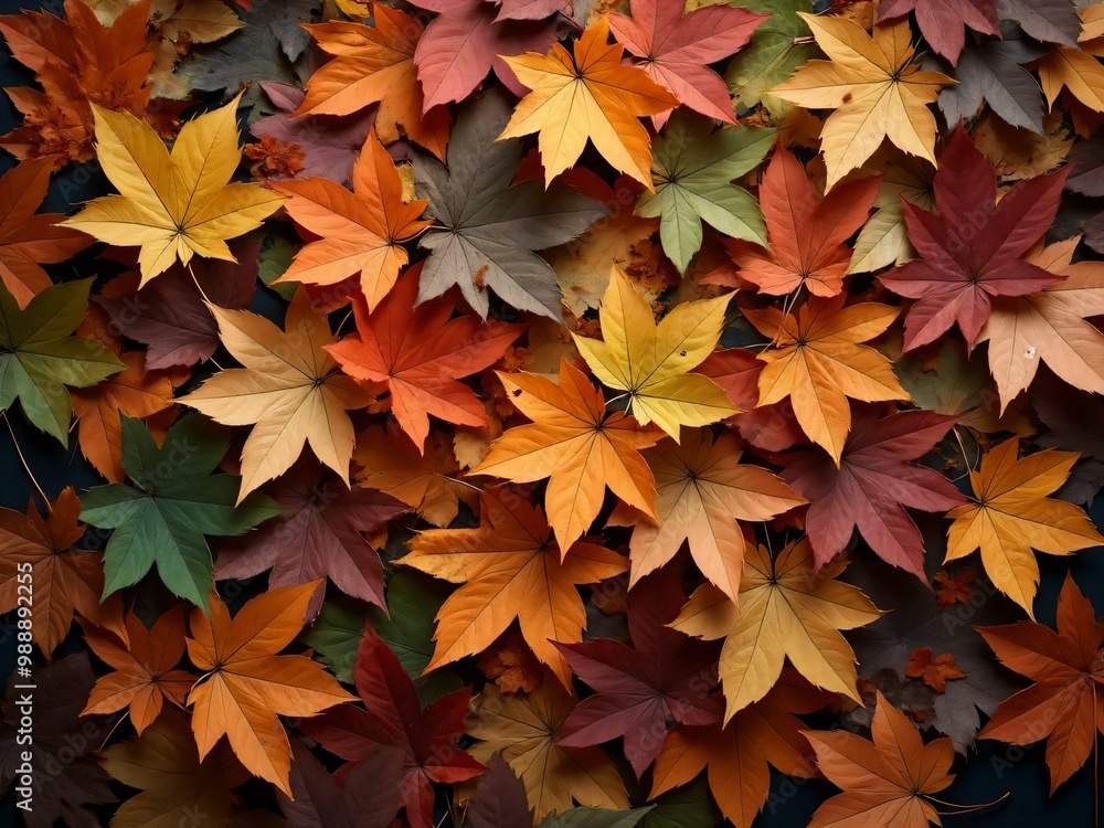 カエデ・紅葉した赤・緑・紫・オレンジの葉がボードの上に散らばって敷き詰められている Maple leaves in red, green, purple, and orange autumn colors are scattered and spread across the board カエデ・紅葉した赤・緑・紫・オレンジの葉がボードの上に散らばって敷き詰められている Maple leaves in red, green, purple, and orange autumn colors are scattered and spread across the board