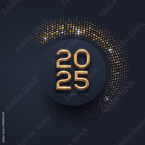 2025 new year luxury logo with shining golden halftone on black background. Vector illustration.