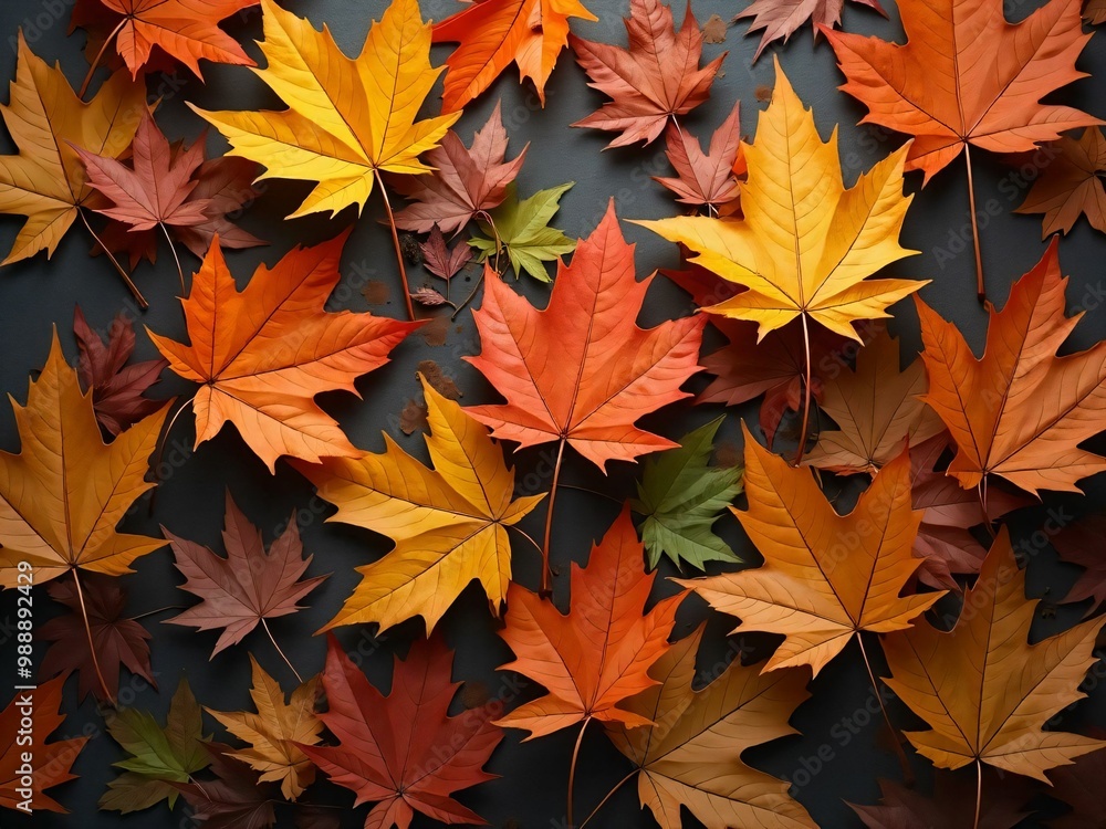 カエデ・紅葉した赤・緑・紫・オレンジの葉がボードの上に散らばって敷き詰められている Maple leaves in red, green, purple, and orange autumn colors are scattered and spread across the board
カエデ・紅葉した赤・緑・紫・オレンジの葉がボードの上に散らばって敷き詰められている Maple leaves in red, green, purple, and orange autumn colors are scattered and spread across the board