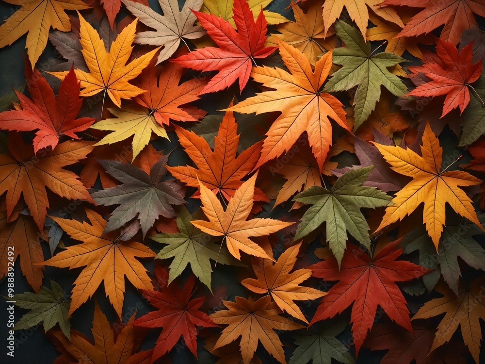 カエデ・紅葉した赤・緑・紫・オレンジの葉がボードの上に散らばって敷き詰められている Maple leaves in red, green, purple, and orange autumn colors are scattered and spread across the board カエデ・紅葉した赤・緑・紫・オレンジの葉がボードの上に散らばって敷き詰められている Maple leaves in red, green, purple, and orange autumn colors are scattered and spread across the board