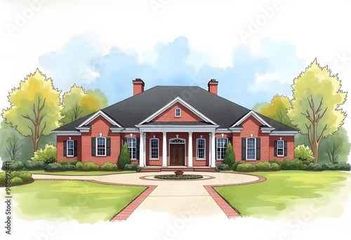 Watercolor sketch or illustration of a beautiful residential country or suburban home. Real estate or modern housing. 