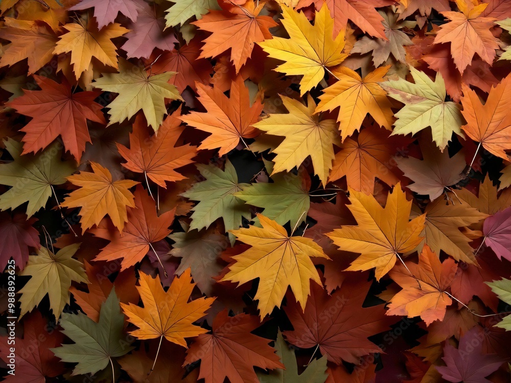 カエデ・紅葉した赤・緑・紫・オレンジの葉がボードの上に散らばって敷き詰められている Maple leaves in red, green, purple, and orange autumn colors are scattered and spread across the board
カエデ・紅葉した赤・緑・紫・オレンジの葉がボードの上に散らばって敷き詰められている Maple leaves in red, green, purple, and orange autumn colors are scattered and spread across the board