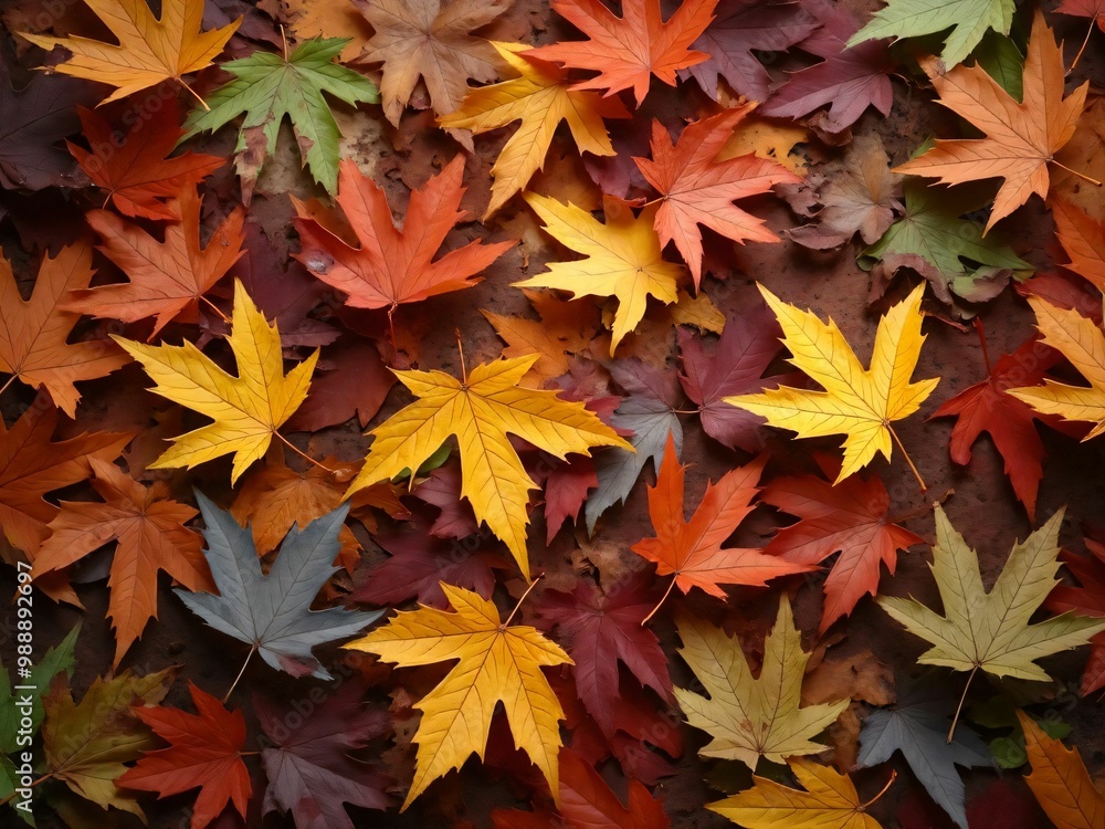カエデ・紅葉した赤・緑・紫・オレンジの葉がボードの上に散らばって敷き詰められている Maple leaves in red, green, purple, and orange autumn colors are scattered and spread across the board カエデ・紅葉した赤・緑・紫・オレンジの葉がボードの上に散らばって敷き詰められている Maple leaves in red, green, purple, and orange autumn colors are scattered and spread across the board
