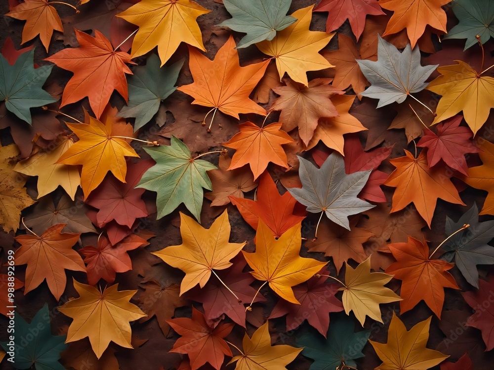 カエデ・紅葉した赤・緑・紫・オレンジの葉がボードの上に散らばって敷き詰められている Maple leaves in red, green, purple, and orange autumn colors are scattered and spread across the board カエデ・紅葉した赤・緑・紫・オレンジの葉がボードの上に散らばって敷き詰められている Maple leaves in red, green, purple, and orange autumn colors are scattered and spread across the board