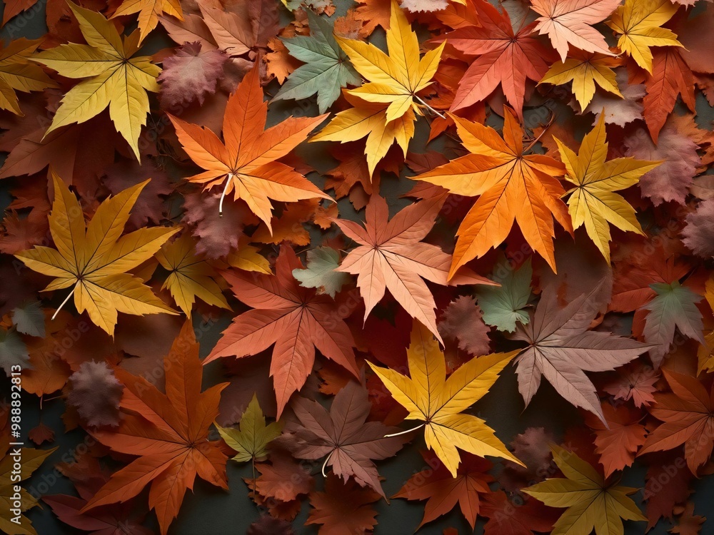 カエデ・紅葉した赤・緑・紫・オレンジの葉がボードの上に散らばって敷き詰められている Maple leaves in red, green, purple, and orange autumn colors are scattered and spread across the board カエデ・紅葉した赤・緑・紫・オレンジの葉がボードの上に散らばって敷き詰められている Maple leaves in red, green, purple, and orange autumn colors are scattered and spread across the board