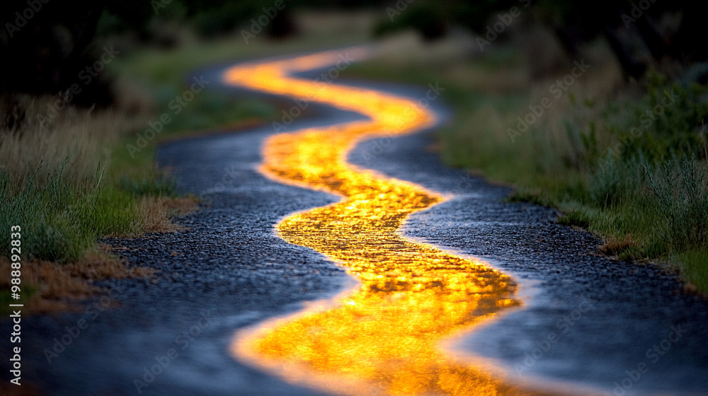A winding pathway illuminated by a golden glow, surrounded by lush greenery, inviting exploration and adventure. A winding pathway illuminated by a golden glow, surrounded by lush greenery, inviting exploration and adventure.