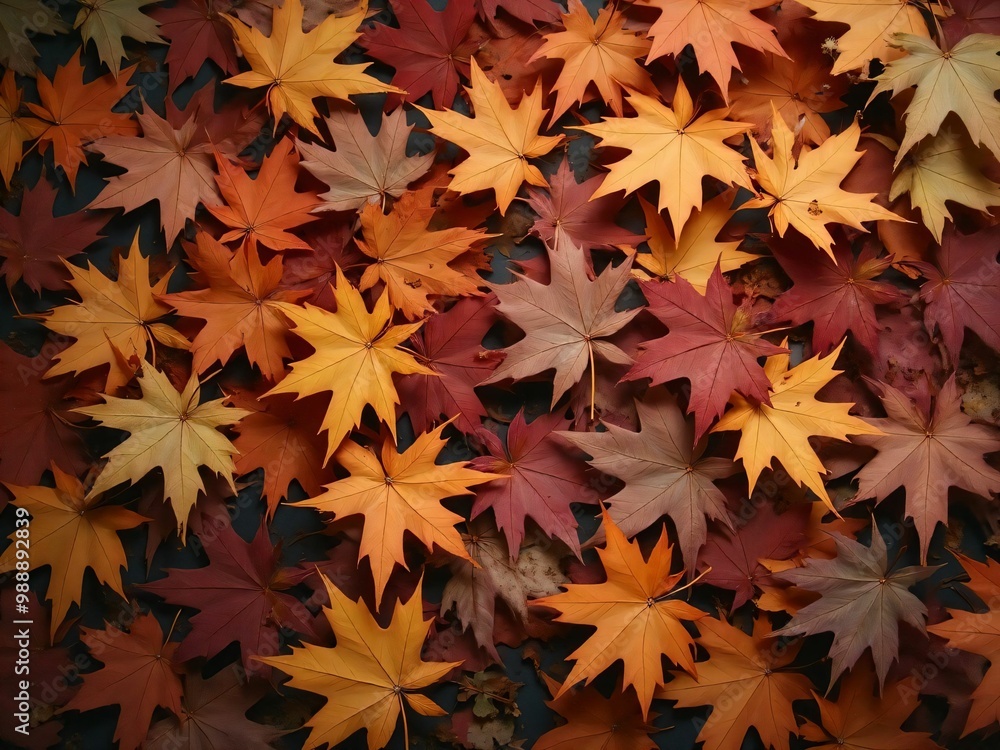 カエデ・紅葉した赤・緑・紫・オレンジの葉がボードの上に散らばって敷き詰められている Maple leaves in red, green, purple, and orange autumn colors are scattered and spread across the board カエデ・紅葉した赤・緑・紫・オレンジの葉がボードの上に散らばって敷き詰められている Maple leaves in red, green, purple, and orange autumn colors are scattered and spread across the board