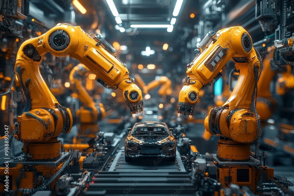 Photograph of multiple yellow robotic arms working on an electric vehicle production line in a factory, with a high-tech and futuristic atmosphere. The image is high resolution. Generative AI Photograph of multiple yellow robotic arms working on an electric vehicle production line in a factory, with a high-tech and futuristic atmosphere. The image is high resolution. Generative AI