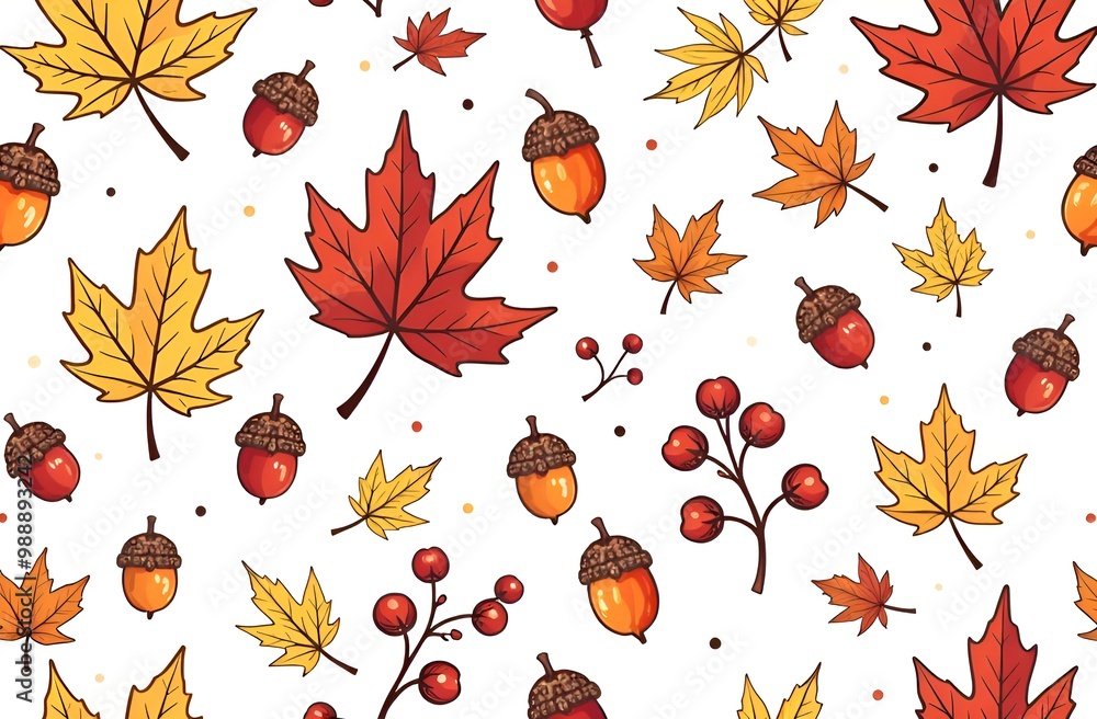 Obraz premium Seamless pattern with leaves, acorns and berries, autumn, textile and paper pattern, holiday background, pattern, banner, thanksgiving, halloween, nice, AI art work
