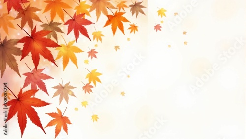 Wallpaper Mural カエデ・紅葉した赤・緑・紫・オレンジの葉が白い背景の上に散らばって敷き詰められている水彩画風の手書き風のイラスト　A hand-drawn watercolor-style illustration of maple leaves in red, green, purple, and orange autumn colors scattered and spread across a white  Torontodigital.ca