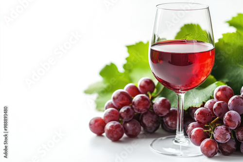 A wine banner featuring a glass of red wine and red grapes on a clean white background