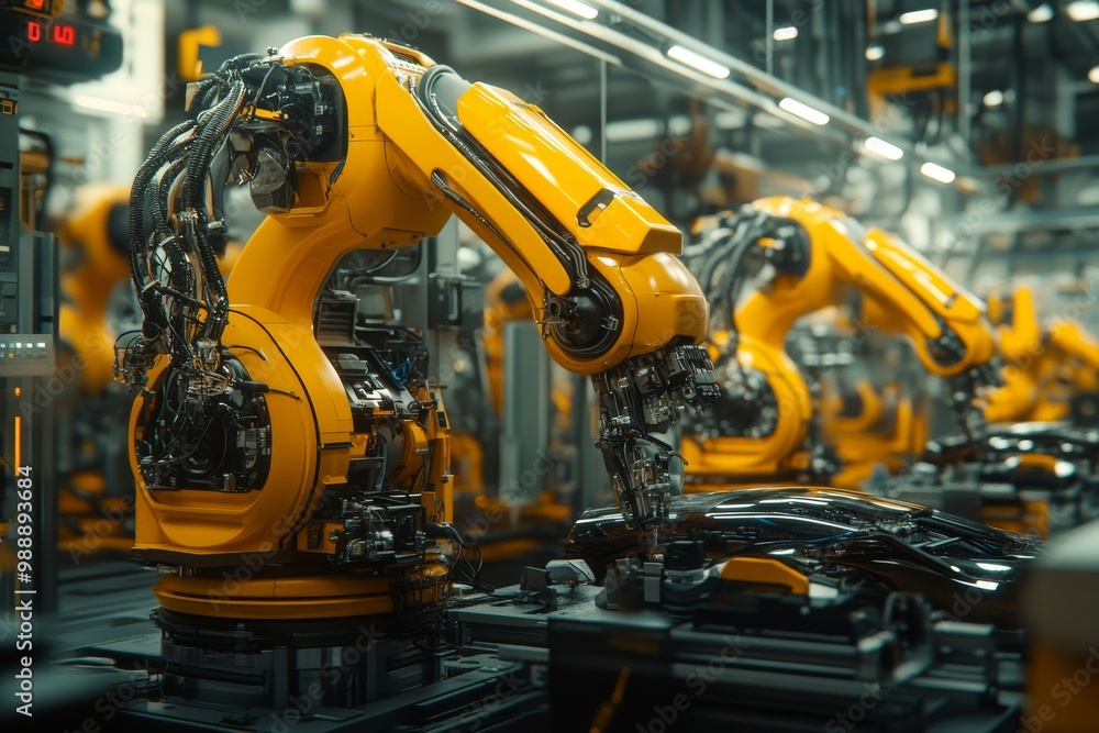 Photograph of multiple yellow robotic arms working on an electric vehicle production line in a factory, with a high-tech and futuristic atmosphere. The image is high resolution. Generative AI Photograph of multiple yellow robotic arms working on an electric vehicle production line in a factory, with a high-tech and futuristic atmosphere. The image is high resolution. Generative AI