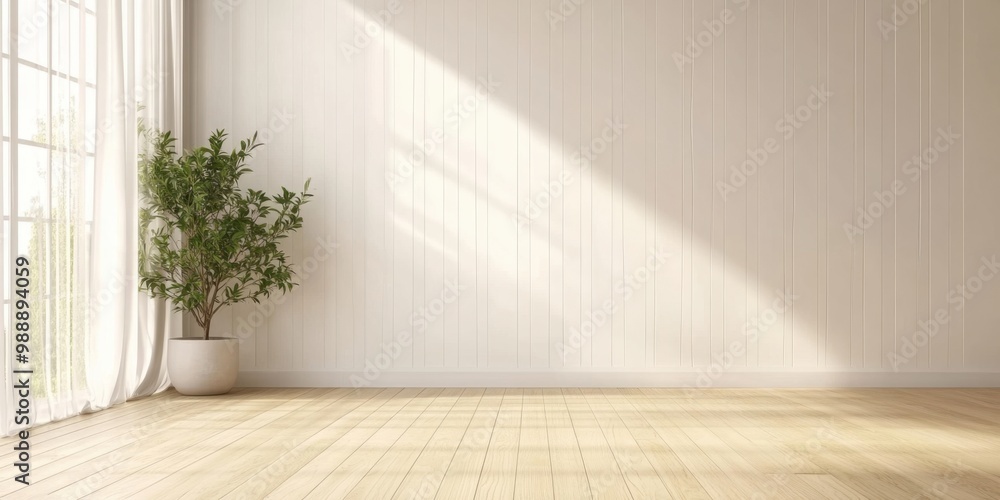A spacious, empty room with a white wall and a potted plant sitting in the corner. The plant is a small, green tree with a white pot that complements its color A spacious, empty room with a white wall and a potted plant sitting in the corner. The plant is a small, green tree with a white pot that complements its color