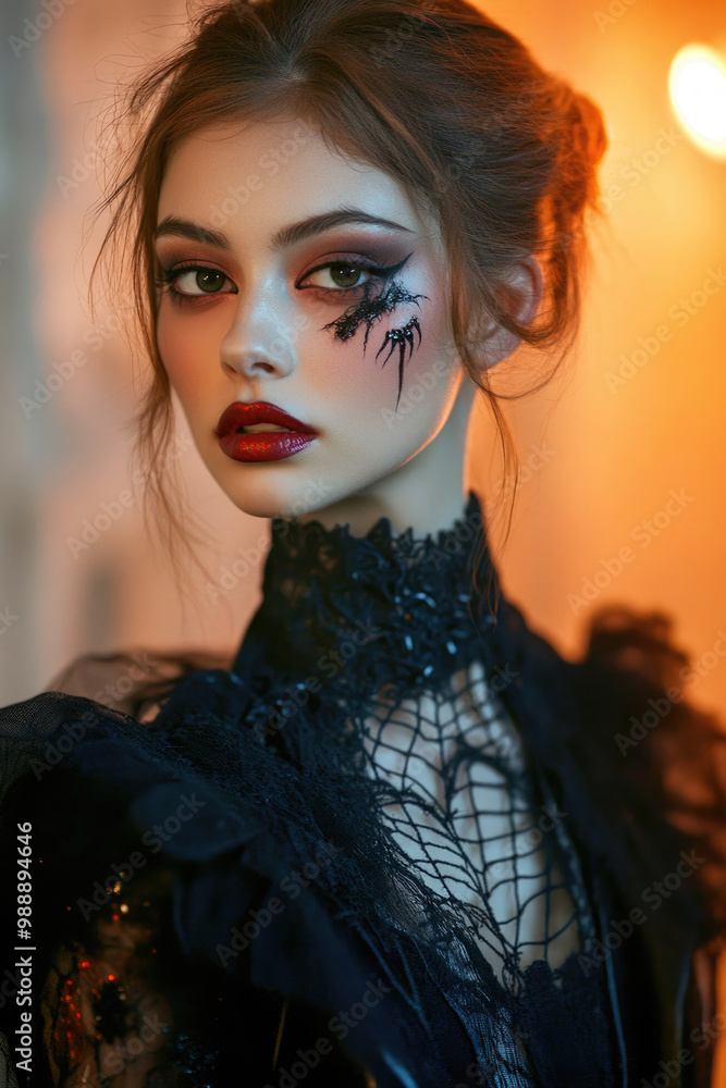 A young, beautiful woman dressed in a chic Halloween costume with dramatic makeup and accessories A young, beautiful woman dressed in a chic Halloween costume with dramatic makeup and accessories