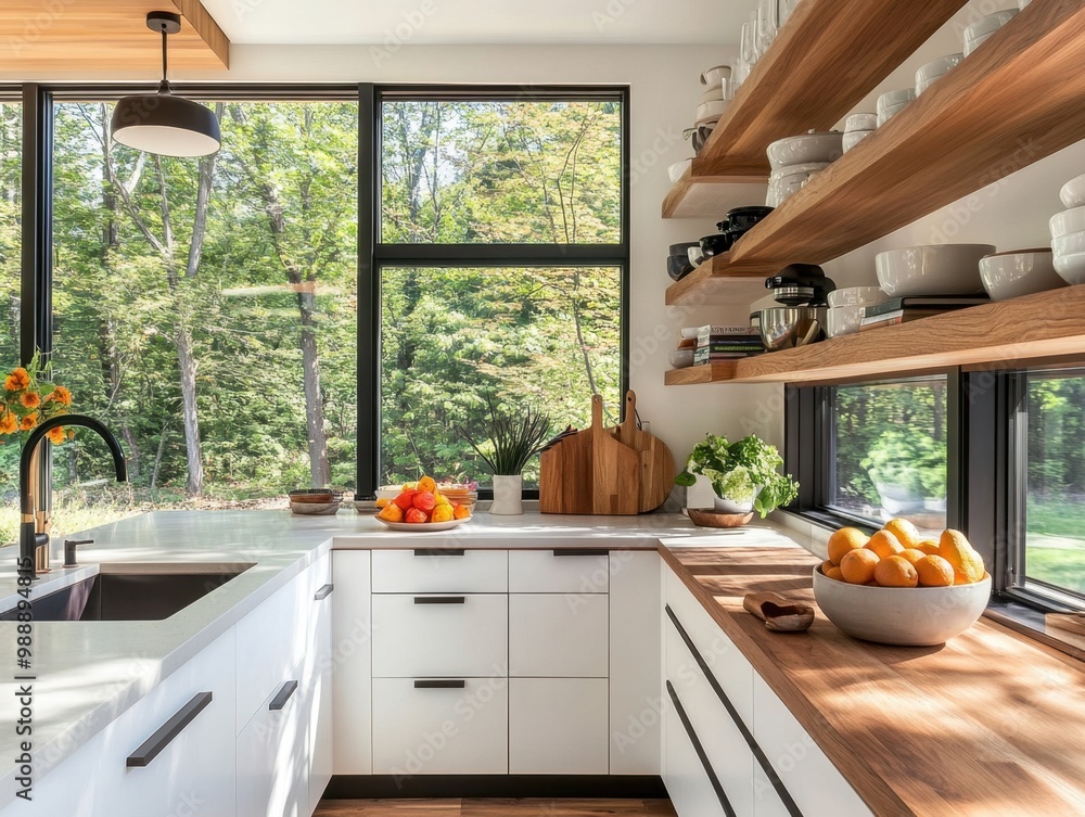 A kitchen with a white countertop and a wooden island. There are several bowls and plates on the countertop, and a bowl of oranges is on the island. A sink is located on the left side of the kitchen A kitchen with a white countertop and a wooden island. There are several bowls and plates on the countertop, and a bowl of oranges is on the island. A sink is located on the left side of the kitchen