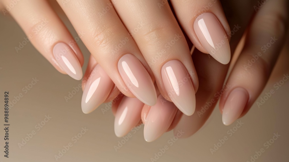 Closeup image of beautiful woman's hands with light pink manicure on the nails. Cream , manicure and beauty treatment. Elegant and graceful arm with slender graceful fingers. Skin care