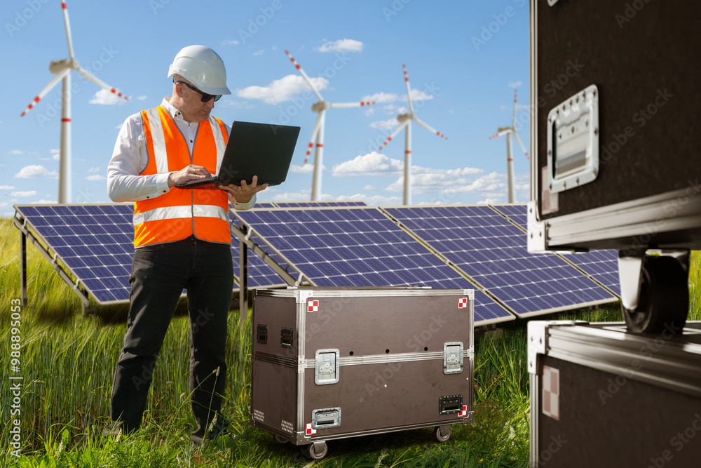 Man near energy equipment. Solar panels behind engineer. Windmills in green field. Cases for transporting solar panels. Protective containers for power equipment. Man energy worker holding laptop Man near energy equipment. Solar panels behind engineer. Windmills in green field. Cases for transporting solar panels. Protective containers for power equipment. Man energy worker holding laptop