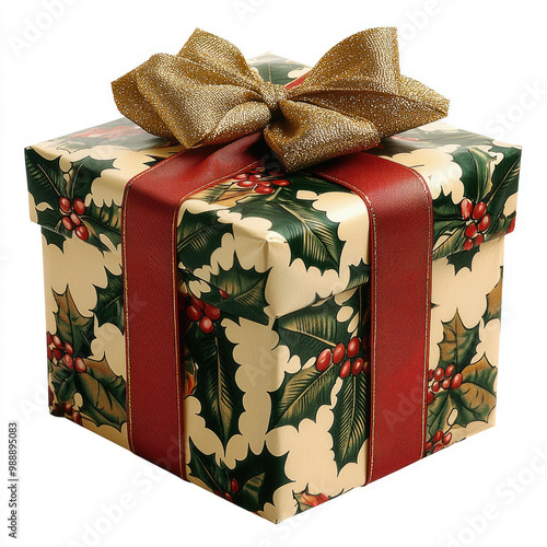 A Christmas gift box tied with a ribbon and bow, isolated on a white background
