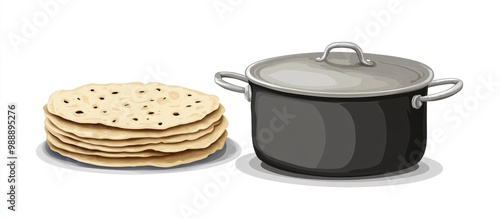 An illustration featuring a stack of chapattis alongside a metal cooking pot with a lid set against a white background photo