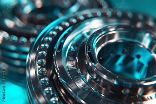 Close-up of the metal ball bearing in the light blue scene with lighting effect. Explore the rolling bearing photo