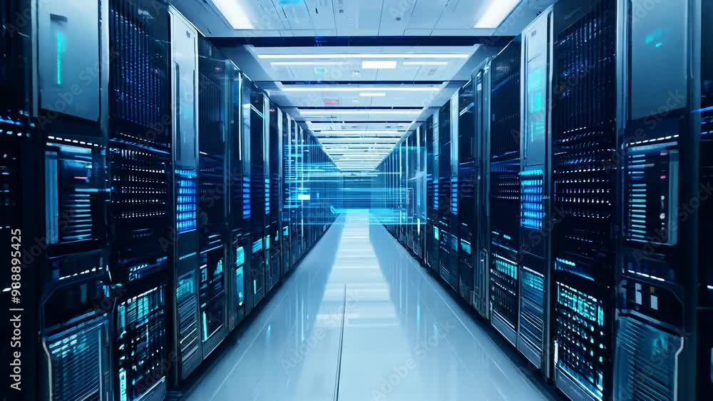 Aisle of a modern data center with rows of illuminated servers Aisle of a modern data center with rows of illuminated servers