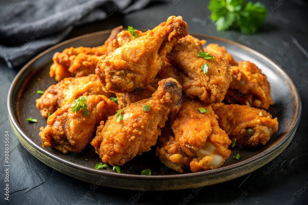 Close-up of crispy fried chicken wings, perfectly golden brown, arranged on a simple black plate with no distractions. Close-up of crispy fried chicken wings, perfectly golden brown, arranged on a simple black plate with no distractions.