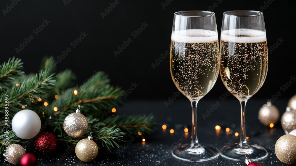 champagne and decorations, two glasses with champagne and decorations, two glasses with