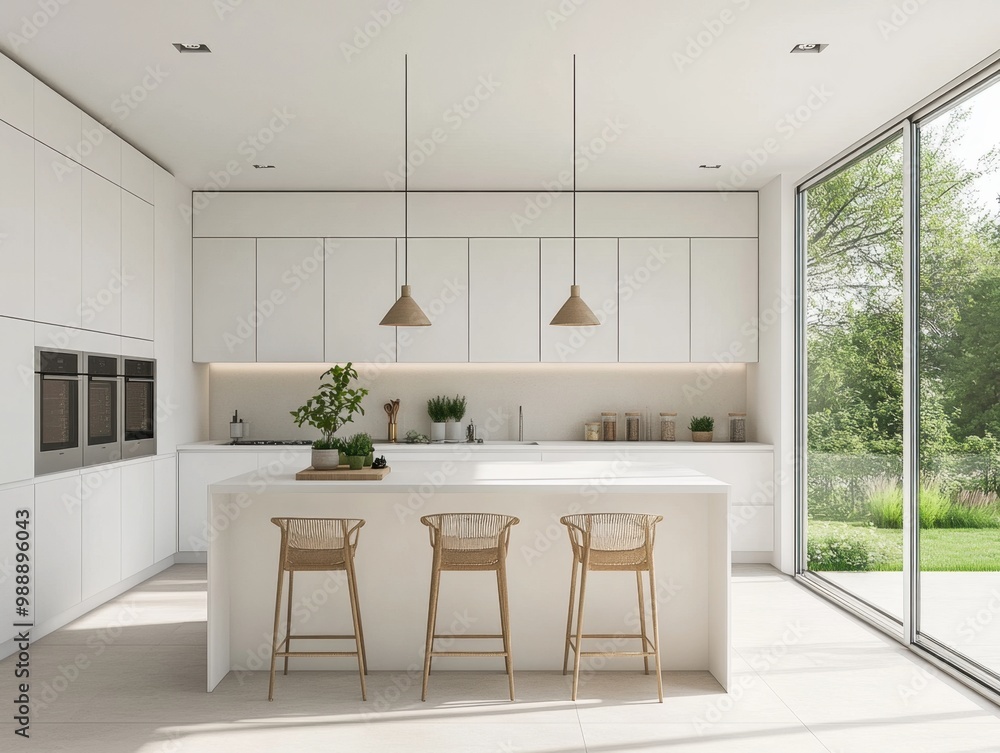A kitchen with a white island and four wooden chairs. There are potted plants on the island and on the counter. A vase is on the counter as well A kitchen with a white island and four wooden chairs. There are potted plants on the island and on the counter. A vase is on the counter as well