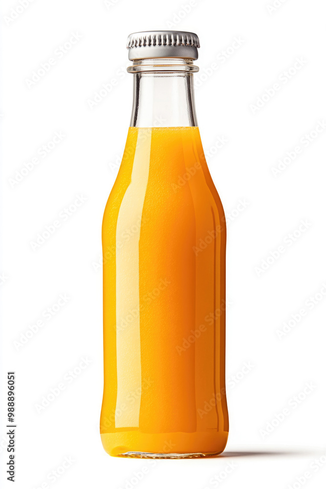 A glass bottle filled with fresh orange juice, isolated on a white background A glass bottle filled with fresh orange juice, isolated on a white background