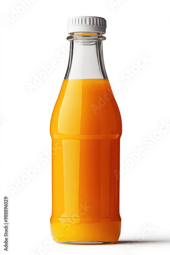A glass bottle filled with fresh orange juice, isolated on a white background