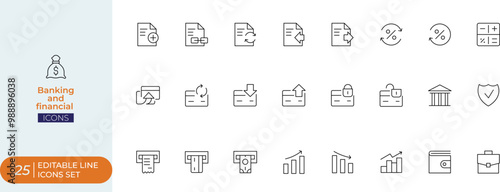 Banking Line Icon Set" typically consists of minimalist, vector-based icons representing various concepts related to banking, finance, and financial services.