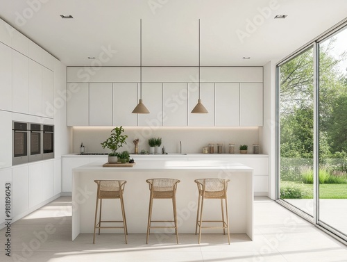 A kitchen with a white island and four wooden chairs. There are potted plants on the island and on the counter. A vase is on the counter as well