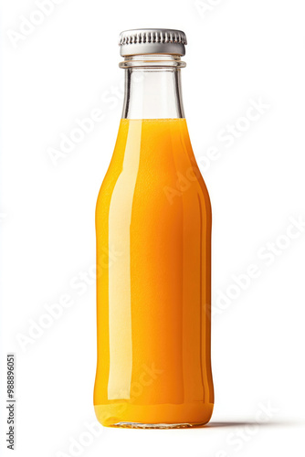 A glass bottle filled with fresh orange juice, isolated on a white background