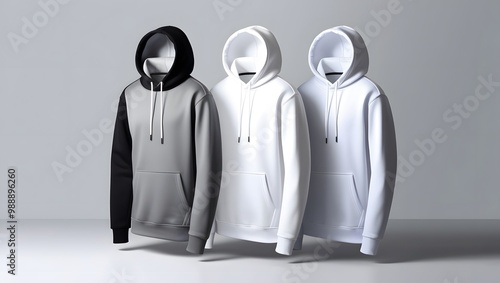 Mockup of Three Hoodies, Black, White, and Grey