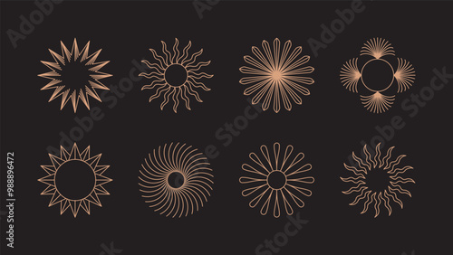 Vector minimal geometric illustrations set, futuristic digital trendy abstract aesthetic linear compositions, prints, frames and graphic design elements, y2k and brutalist style, psychedelic forms and
