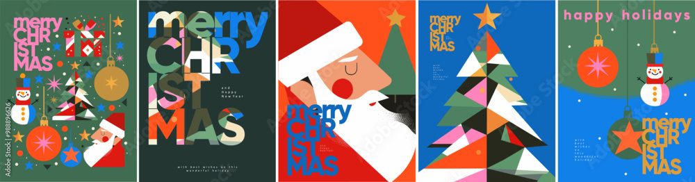 custom made wallpaper toronto digitalMerry Christmas and Happy New Year! 2025. Vector modern geometric abstract illustration of Santa Claus, christmas tree, fir tree toys and balls, snowman, gift for greeting card, poster, congratulation